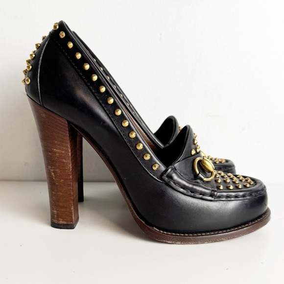 GUCCI Anniversary Calfskin Studded Horsebit Alyssa Pumps Black size 38.5 - Picture 4 of 10